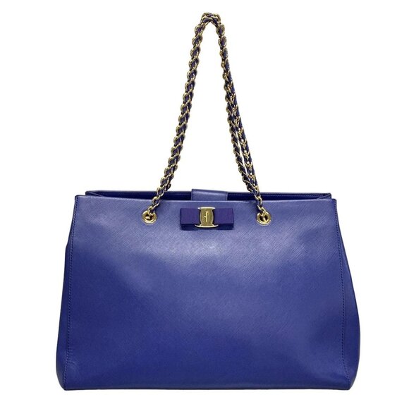 Auth Salvatore Ferragamo Vara Blue Leather Tote Bag